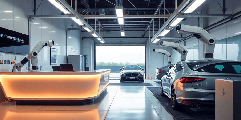 Car wash AI front desk with glowing interface.
