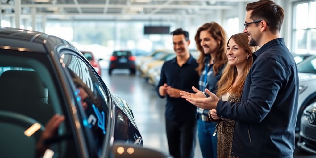 Modern car wash with AI interface and diverse customers.