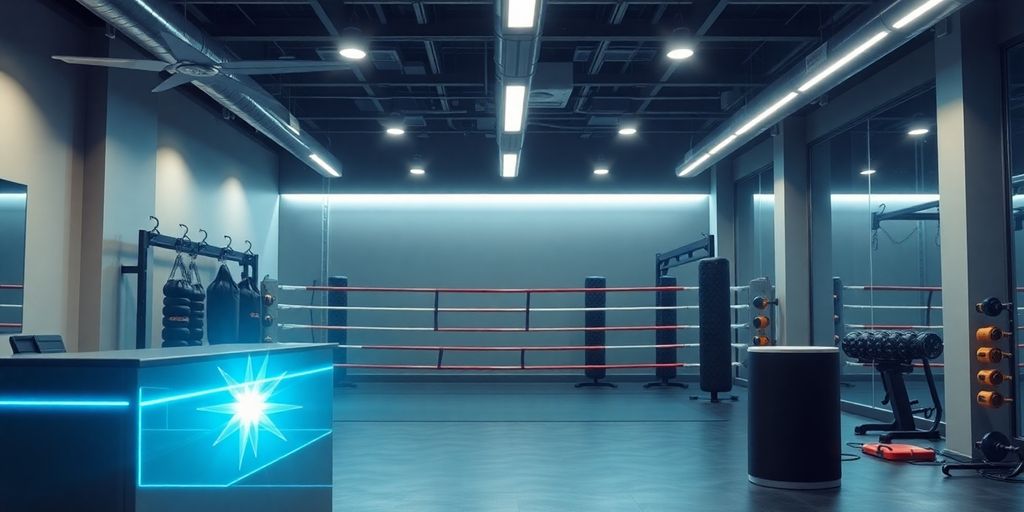 Futuristic boxing gym with AI receptionist.