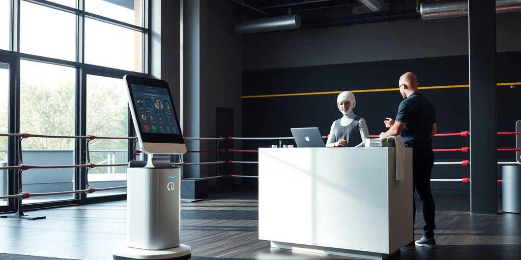 Boxing gym interior with AI receptionist.