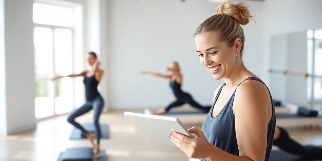 Pilates studio interior with happy clients and tablet.