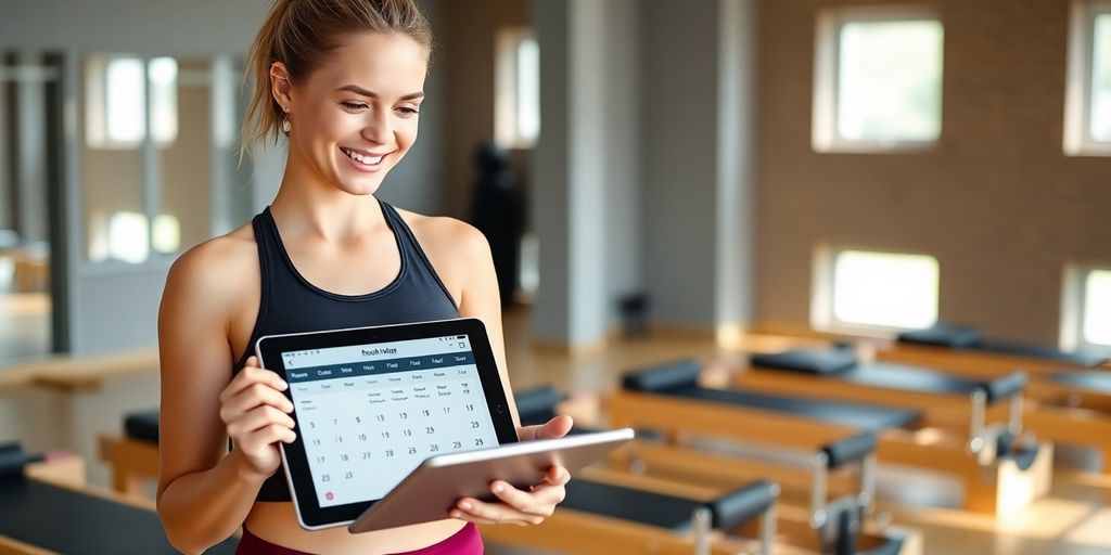 Pilates studio client interacting with AI on tablet.