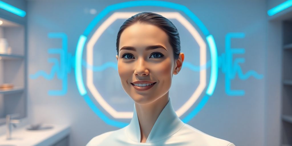 AI receptionist interacting with a smiling patient.