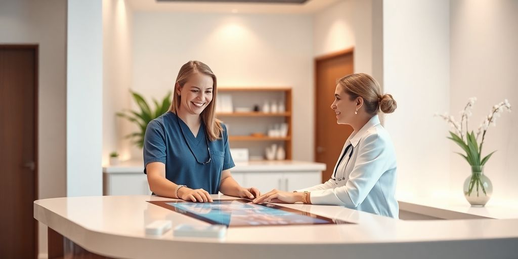 Modern medspa reception with a digital assistant.