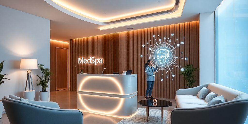 MedSpa reception with AI assistant and happy patients.