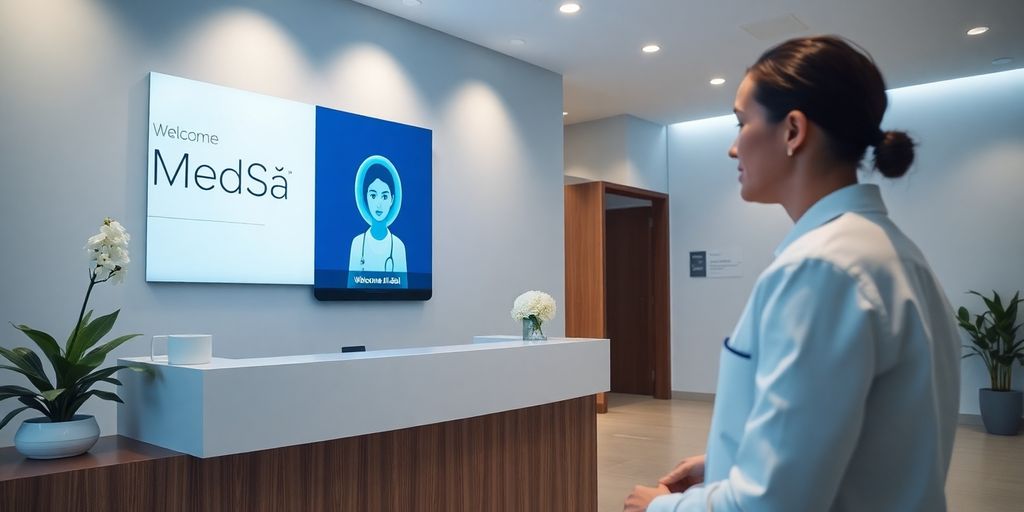 AI receptionist tablet assisting spa client.