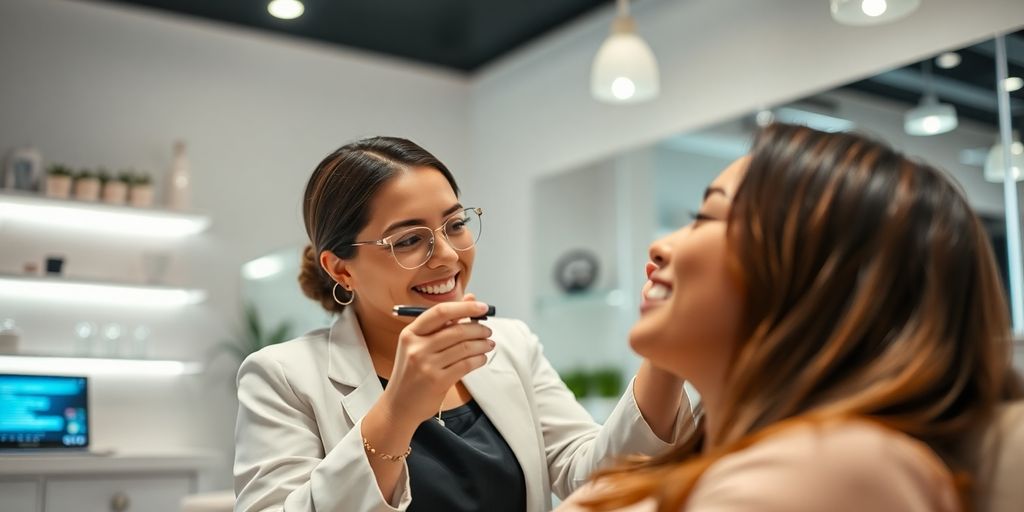 Lash artist smiling, AI interface nearby.