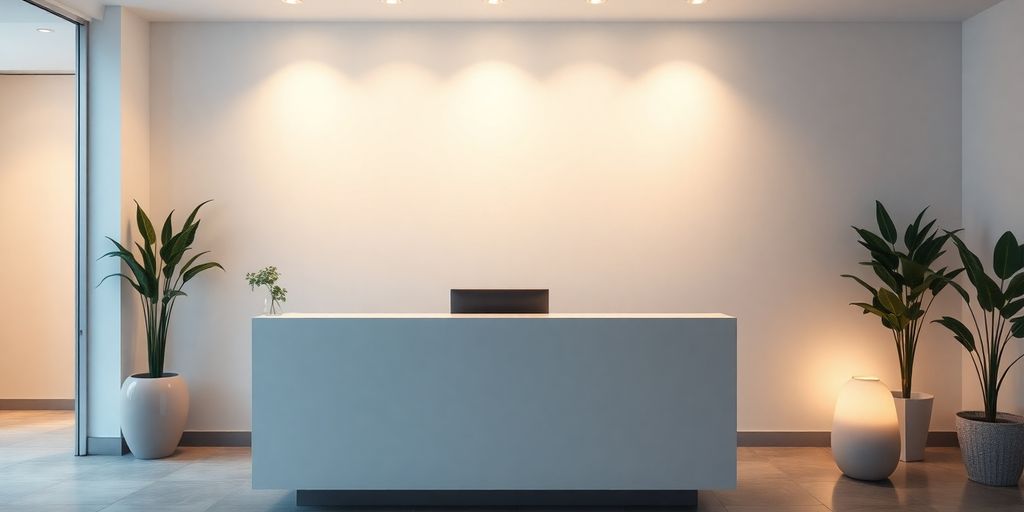 Modern clinic reception area with a friendly AI interface.