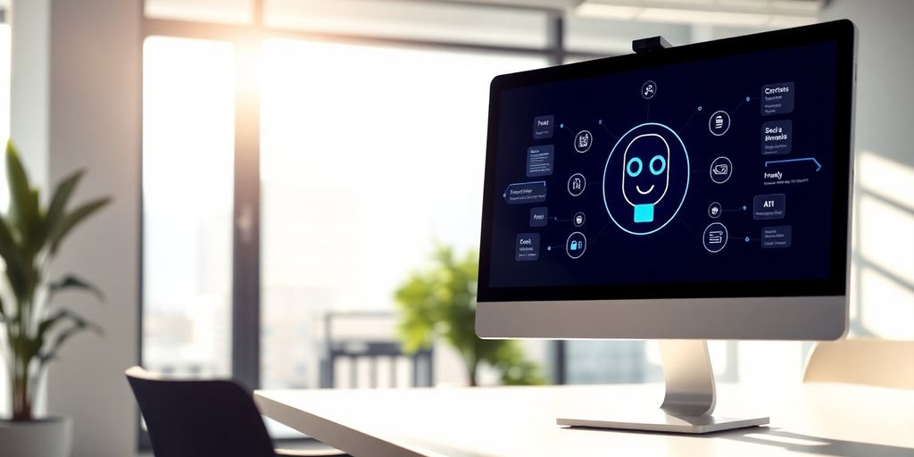 Real estate agent with AI chatbot on screen.