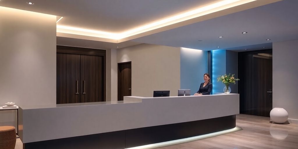 Spa receptionist interacting with digital interface.