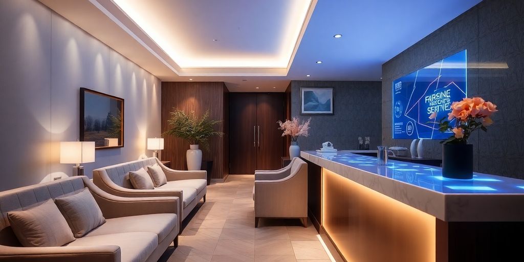 Modern spa reception with a digital assistant.