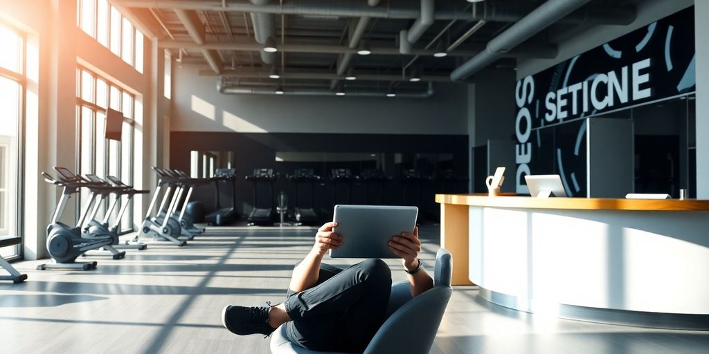 Woman using fitness app on tablet