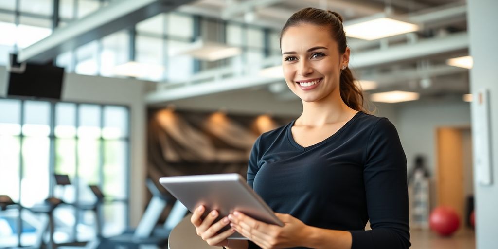 Fitness studio receptionist sharing a digital link.
