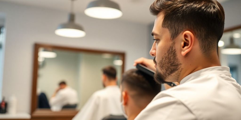 Barber cutting client's hair in modern shop.