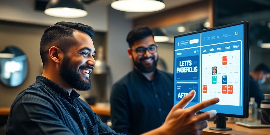Barber at counter with AI assistant on screen.