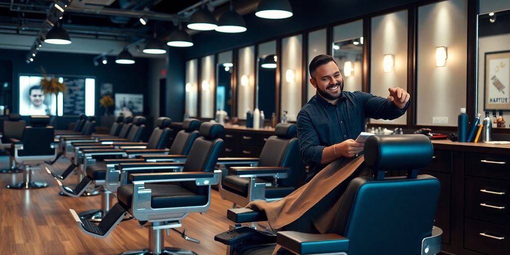 Barbershop interior with modern chairs and a friendly barber.