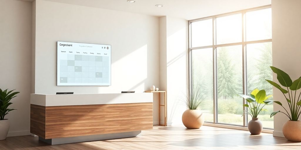Yoga studio reception with booking interface.