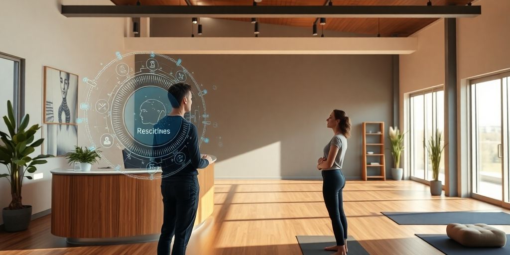 Yoga studio with AI receptionist assisting a client.