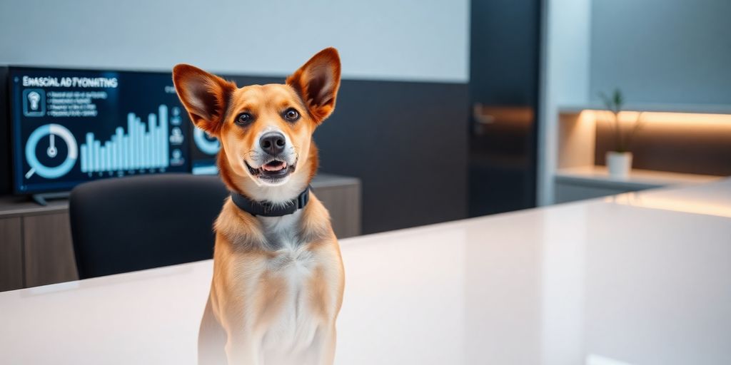 Smiling dog interacting with a tablet interface.