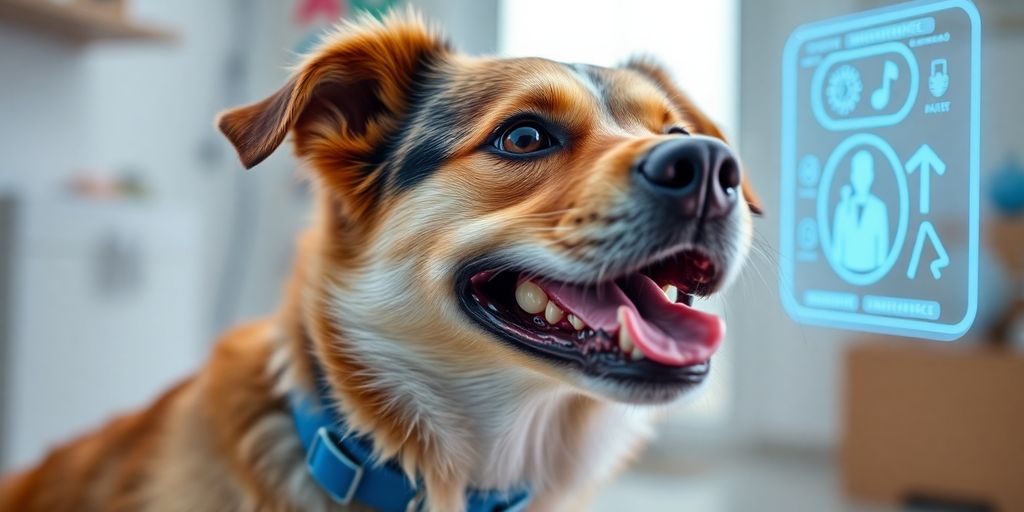 A friendly dog wagging its tail at a sleek, modern desk.