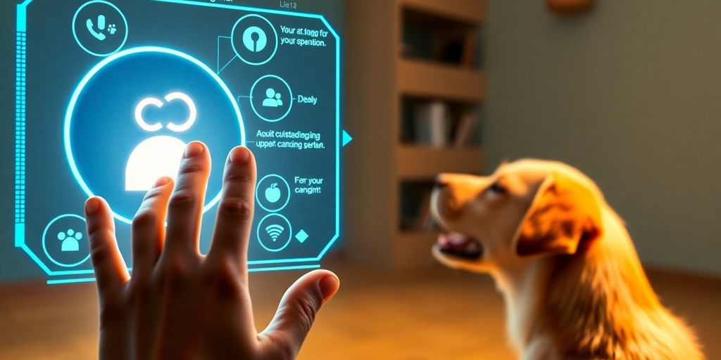 AI assistant helping a dog at a daycare reception.