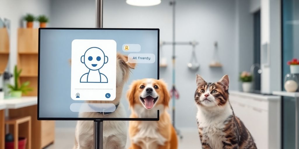 AI chatbot interacting with happy pet owners.