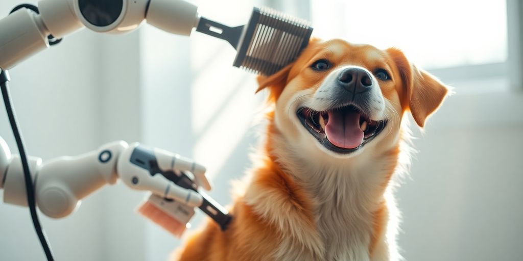 A happy dog getting groomed by a robot arm.