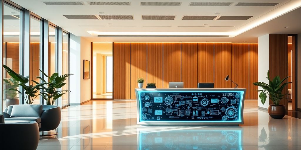 Modern office with a futuristic AI interface.