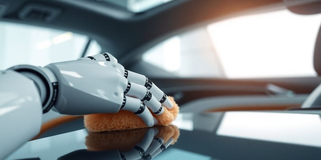 Clean car, AI robot hand polishing.