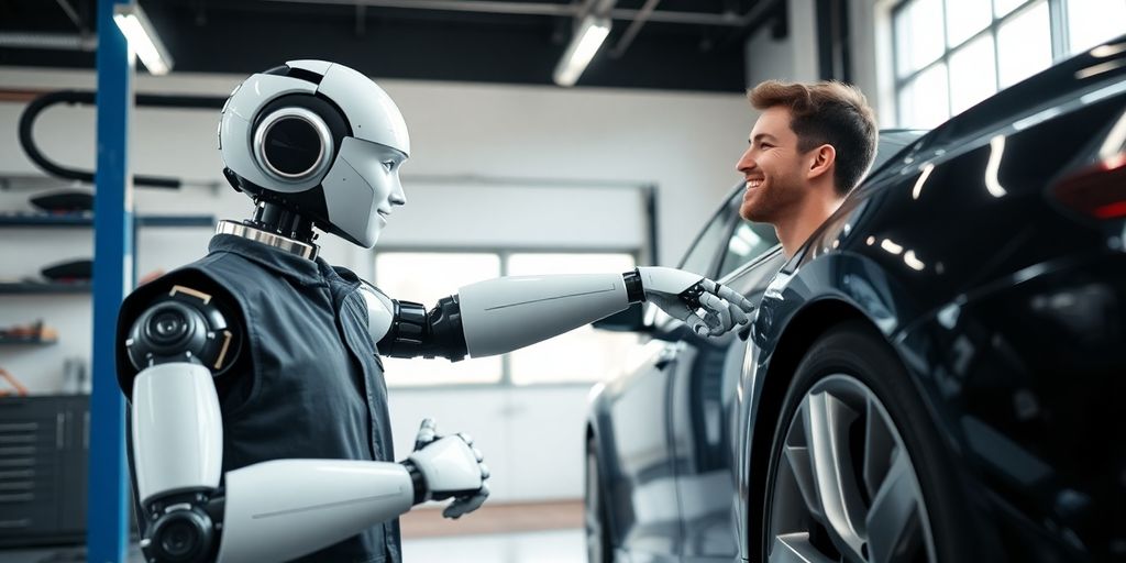 Mechanic using AI tool for tire inspection.