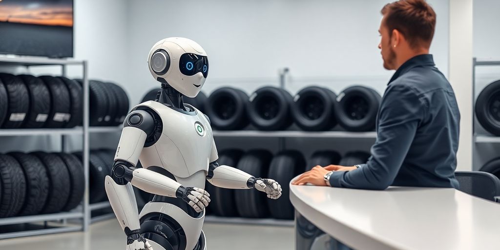 AI bot assisting customer at a tire shop counter.