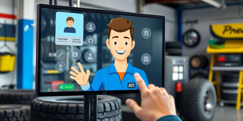 AI interface assisting a mechanic at a tire shop.