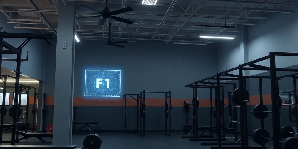 CrossFit gym equipment with AI receptionist overlay.
