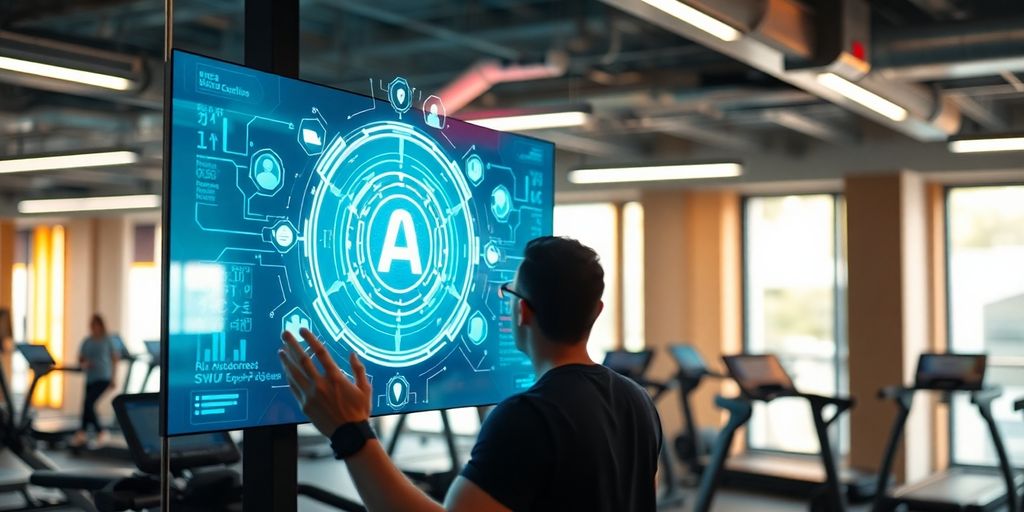 CrossFit athlete interacting with a sleek AI interface.