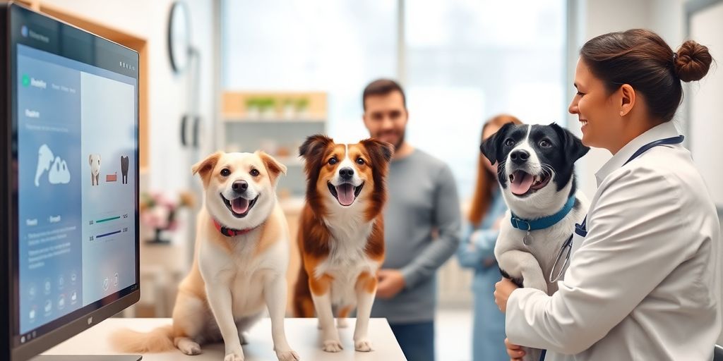 Veterinarian and AI interacting with clinic pets.