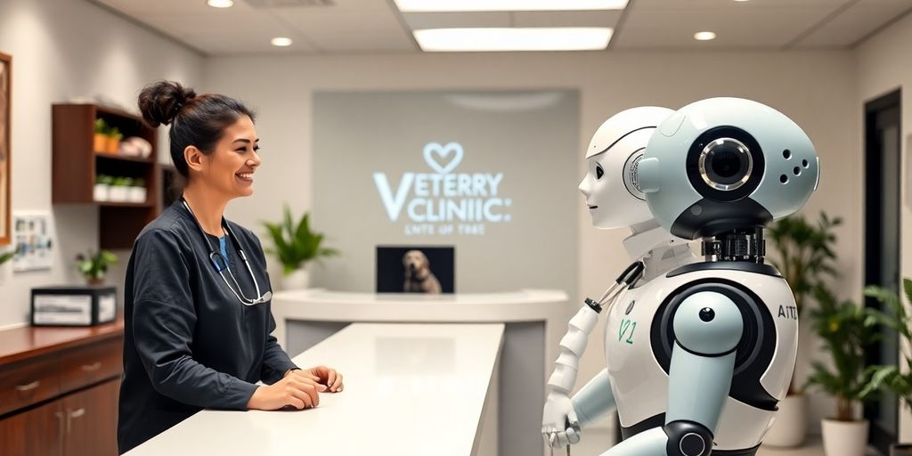 Veterinarian and AI robot interacting at clinic front desk.