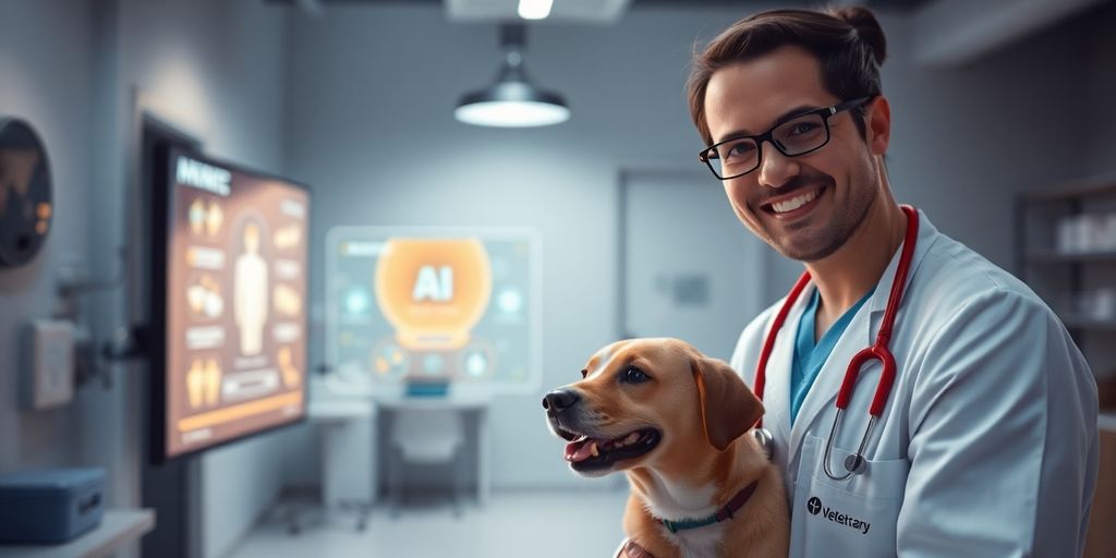 Veterinarian interacting with AI receptionist interface.