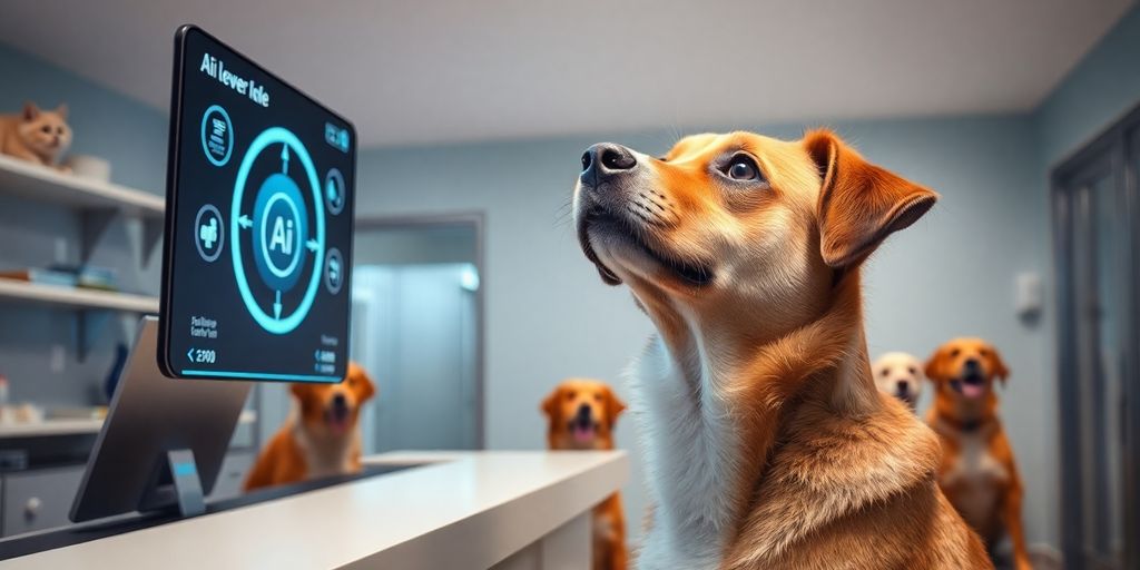 AI interface managing happy dogs in a modern kennel.