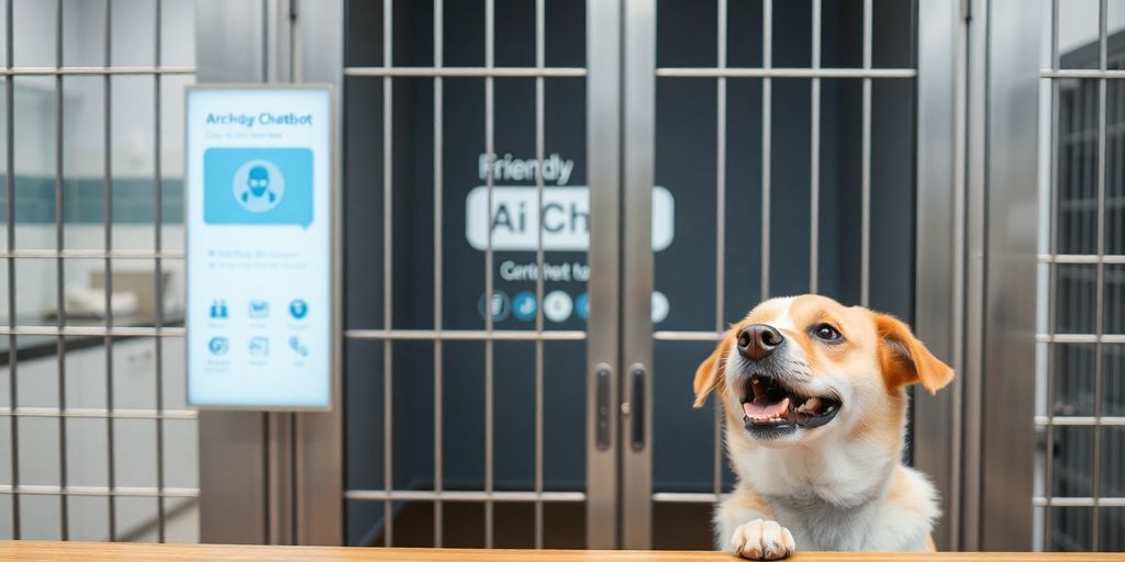 AI chatbot interacting with a happy dog at a kennel desk.