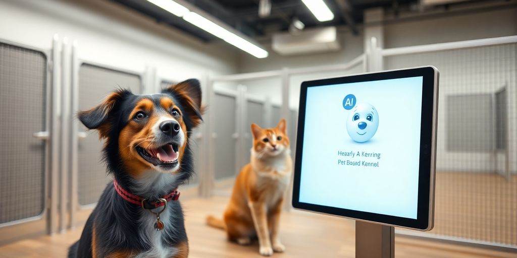AI interface interacting with happy pets at a boarding kennel.
