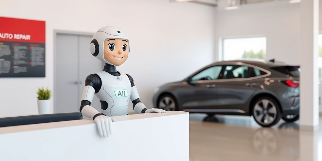 AI assistant interacting with car owner in repair shop.