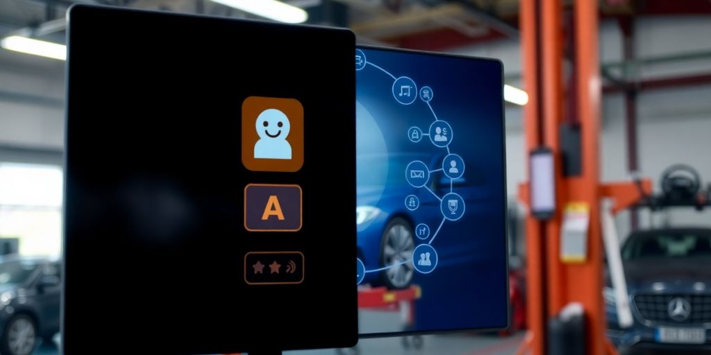 Mechanic using AI tool during car repair.