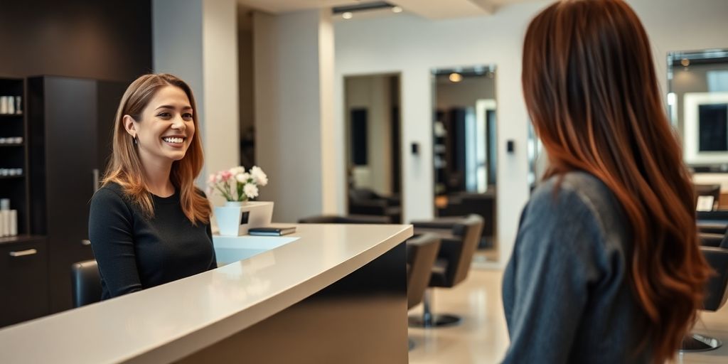 Smiling receptionist assisting a client.
