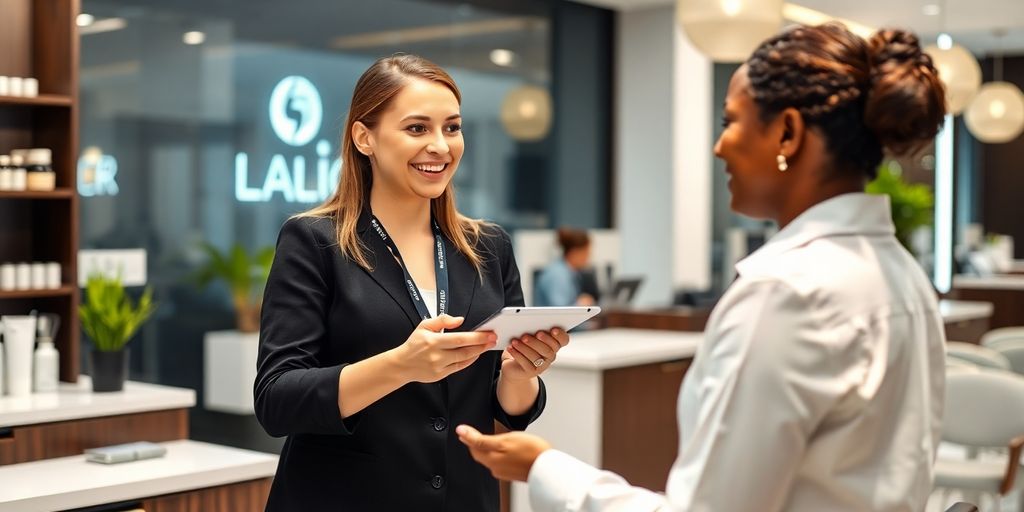 Sleek AI receptionist interface interacting with salon clients.