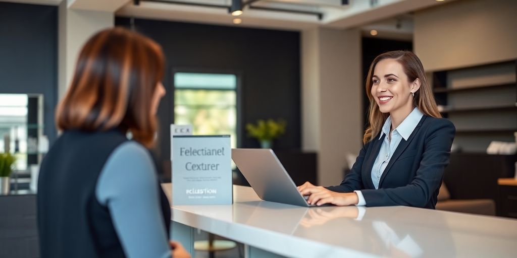 Smiling receptionist assisting a client at a modern salon desk.
