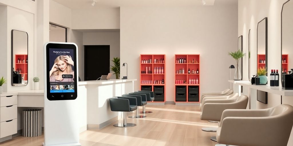 A modern salon reception area with a friendly AI assistant.