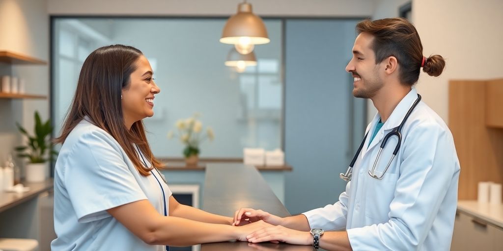 Dentist smiling with patient in a modern clinic.
