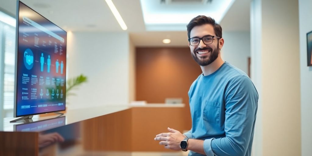 Dental clinic interior with patient smiling at AI receptionist.