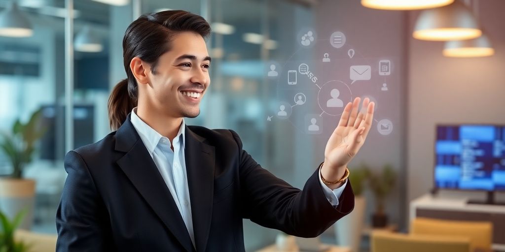 Plumbing company owner smiling with AI receptionist interface.