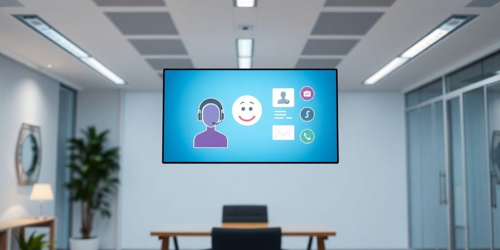 AI receptionist interacting with clients in a modern office.